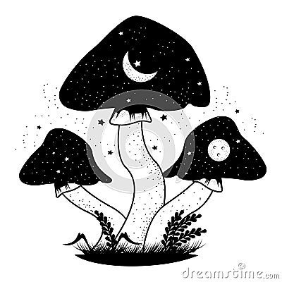 three mushrooms surreal space Vector Illustration