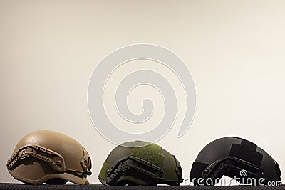 Three nato military helmets on white background Stock Photo