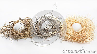 Three Natural Bird Nests with Eggs Stock Photo