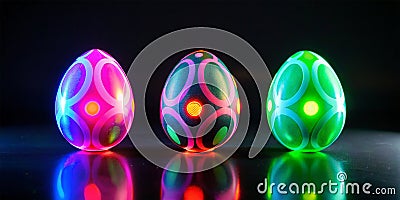 Three neon easter eggs gleam together. AI generated Illustration Stock Photo