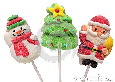 Three new year sweets . Christmas tree, Santa Claus and Snowman. Isolated on a white background. Stock Photo