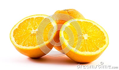 Three nicely colored oranges on a white background - front and back cut in half Stock Photo