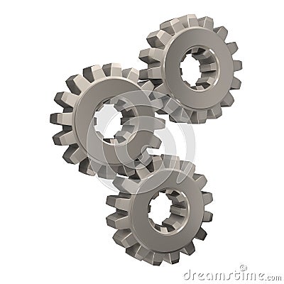 Three nickel gears meshing together Stock Photo