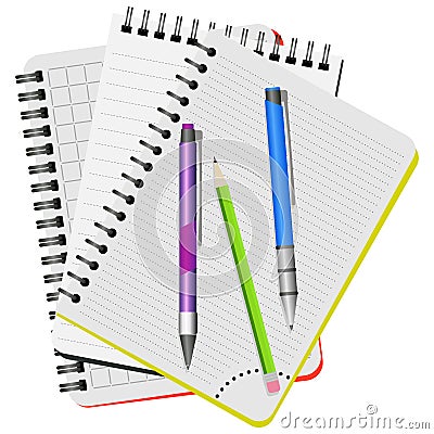 Three notebooks, purple pen, blue pen and green pencil Vector Illustration