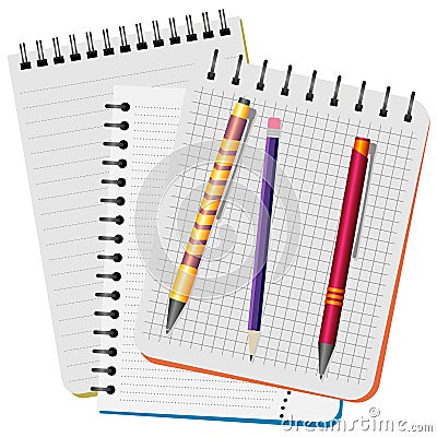 Three notebooks, yellow pen, red pen and purple pencil Vector Illustration
