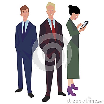Three office workers, employees, managers. Two men and a woman. Business people in office clothes. Isolated on white. Business Ico Stock Photo