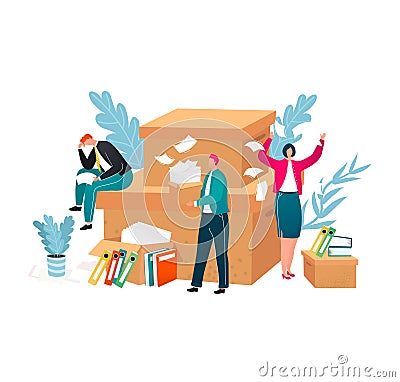Three office workers overwhelmed with paperwork. Stressed employees managing excessive workload. Overwork and job stress Vector Illustration