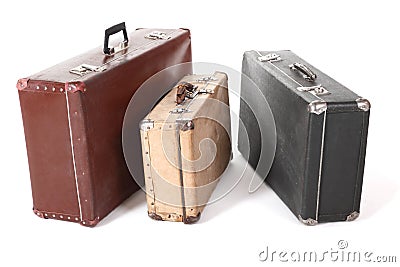 Three old dirty dusty suitcase. isolated. Stock Photo