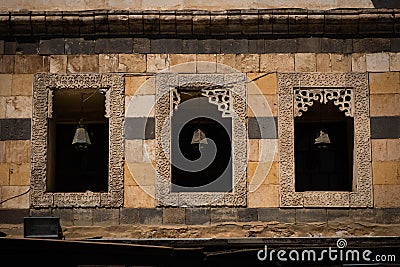 Three old windows, historical, oriental architecture, Al Azem Palace of Damascus Editorial Stock Photo