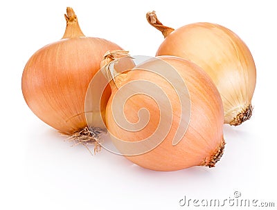 Three onion golden bulbs isolated on white background Stock Photo