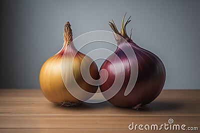 Three onions on a wooden table in front of a solid color background. ai generative Stock Photo