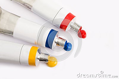 Three open tubes of acrylic color Stock Photo