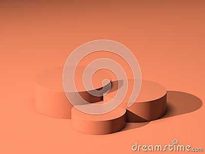 Three Orange Blank Round Showcases with Empty Space on Orange Background. 3d rendering. Minimalism Concept. Copy Space Stock Photo
