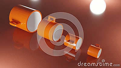 Three orange coffee cups are placed on a shiny surface Stock Photo