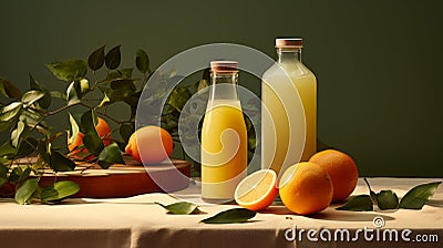 Delicate Juice Bottles With Nature-inspired Patterns On Twill Countertop Stock Photo