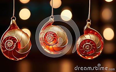 Three ornaments with shells hanging from strings, AI Stock Photo