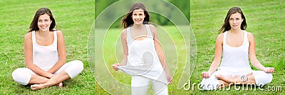 Three outdoor photos of a beautiful young woman wearing white sportswear Stock Photo