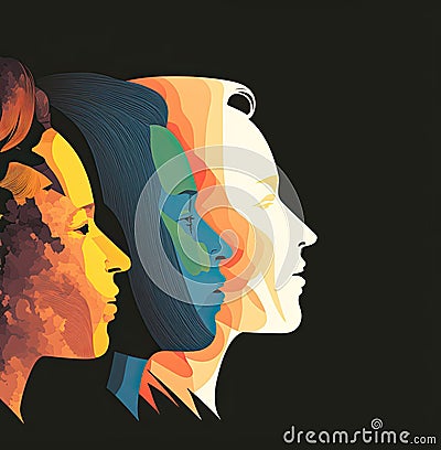 Three overlapping illustrations of face silhouettes. Generative ai Cartoon Illustration