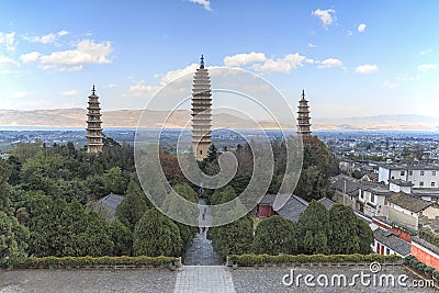 Three Pagodas of Chongsheng Temple near Dali Old Town, Yunnan province, China. Editorial Stock Photo