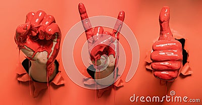 Three painted hands with different gestures Stock Photo