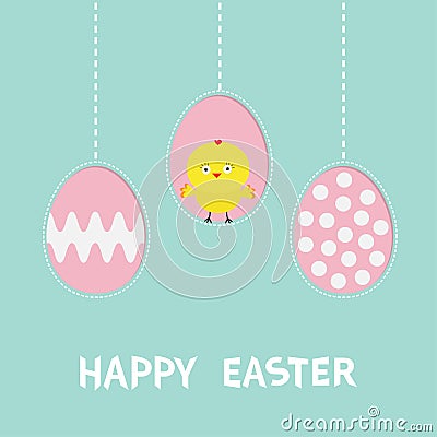 Three painting egg shell. Happy Easter text. Hanging painted egg set. Chicken baby bird. Dash line. Greeting card. Flat design Vector Illustration