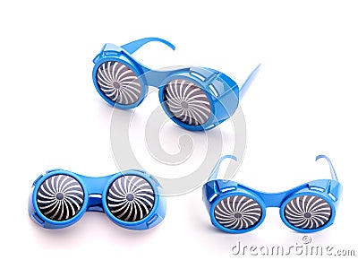 Three pair of blue glasses for party Stock Photo
