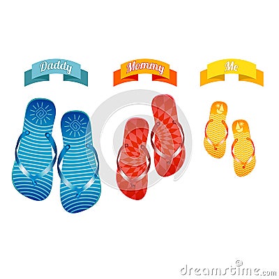 Three pairs of slippers for family sea. Vector Illustration