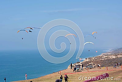 Three paragliders at Torrey Pines Gliderport in La Jolla Editorial Stock Photo