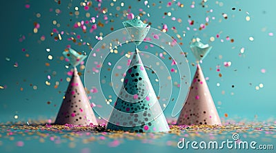 three party birthday party hats stand on blue blue ground Stock Photo