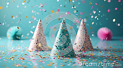 three party birthday party hats stand on blue blue ground Stock Photo