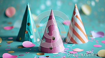 three party birthday party hats stand on blue blue ground Stock Photo