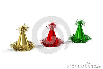 Three party hats in gold, red and green colors on a white background Stock Photo