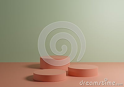 Three pastel pink podiums or stands on pastel green background for product display. Minimal composition for product photography 3D Stock Photo