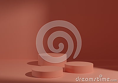 Three pastel pink podiums or stands on salmon pink background for product display. Minimal composition for product photography 3D Stock Photo