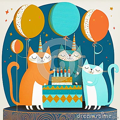 Three peaceful cats with birthday cake, candles hats and balloons Stock Photo