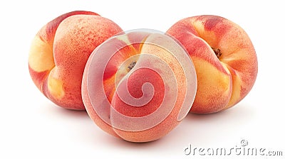Three peaches are sitting on a white surface with one cut in half, AI Stock Photo