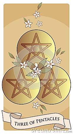 Three of pentacles. Tarot cards. Three golden pentacles surrounded by orange blossom flowers Stock Photo