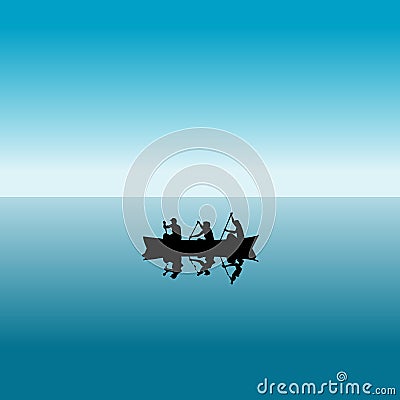 Three people in a boat silhouettes over blue water Vector Illustration