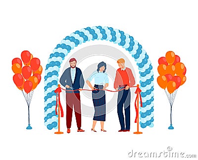 Three people cutting ribbon at grand opening ceremony. Businessman, businesswoman, and colleague celebrate with balloons Vector Illustration