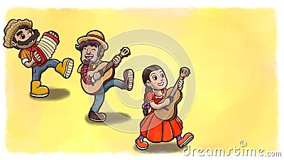 Three people playing instruments in a Festa Junina party. Yellow watercolor background version. Cartoon Illustration