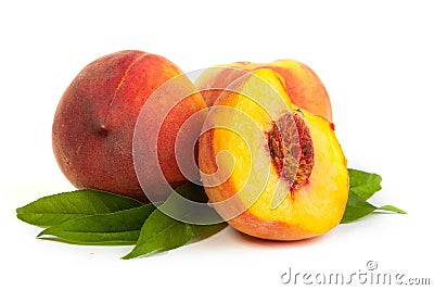 Three perfect, ripe peaches Stock Photo