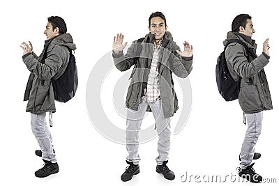 Three perspectives of same man with backpack Stock Photo
