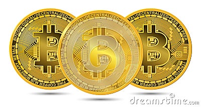 Three physical Bitcoins isolated on white background in front view. Cryptocurrency mining Vector Illustration