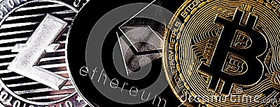 Three physical metal coins - Litcoin, Ethereum and Bitcoin. Cryptocurrency concepts Editorial Stock Photo