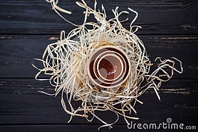 Three pialas in straw nest on black wooden desk Stock Photo