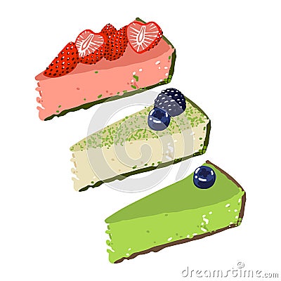 Three pieces of cheesecake with strawberry, vanilla and matcha tastes, covered with berries Vector Illustration