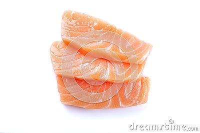 three pieces of raw salmon sushi sashimi isolated on white background raw fish Stock Photo