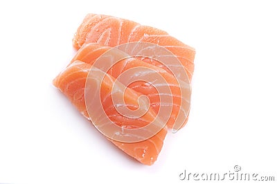 three pieces of raw salmon sushi sashimi isolated on white background Stock Photo