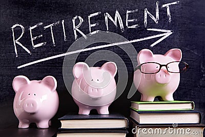 Three piggy banks with retirement savings plan Stock Photo