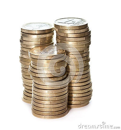 Three piles of One Euro coins. Stock Photo